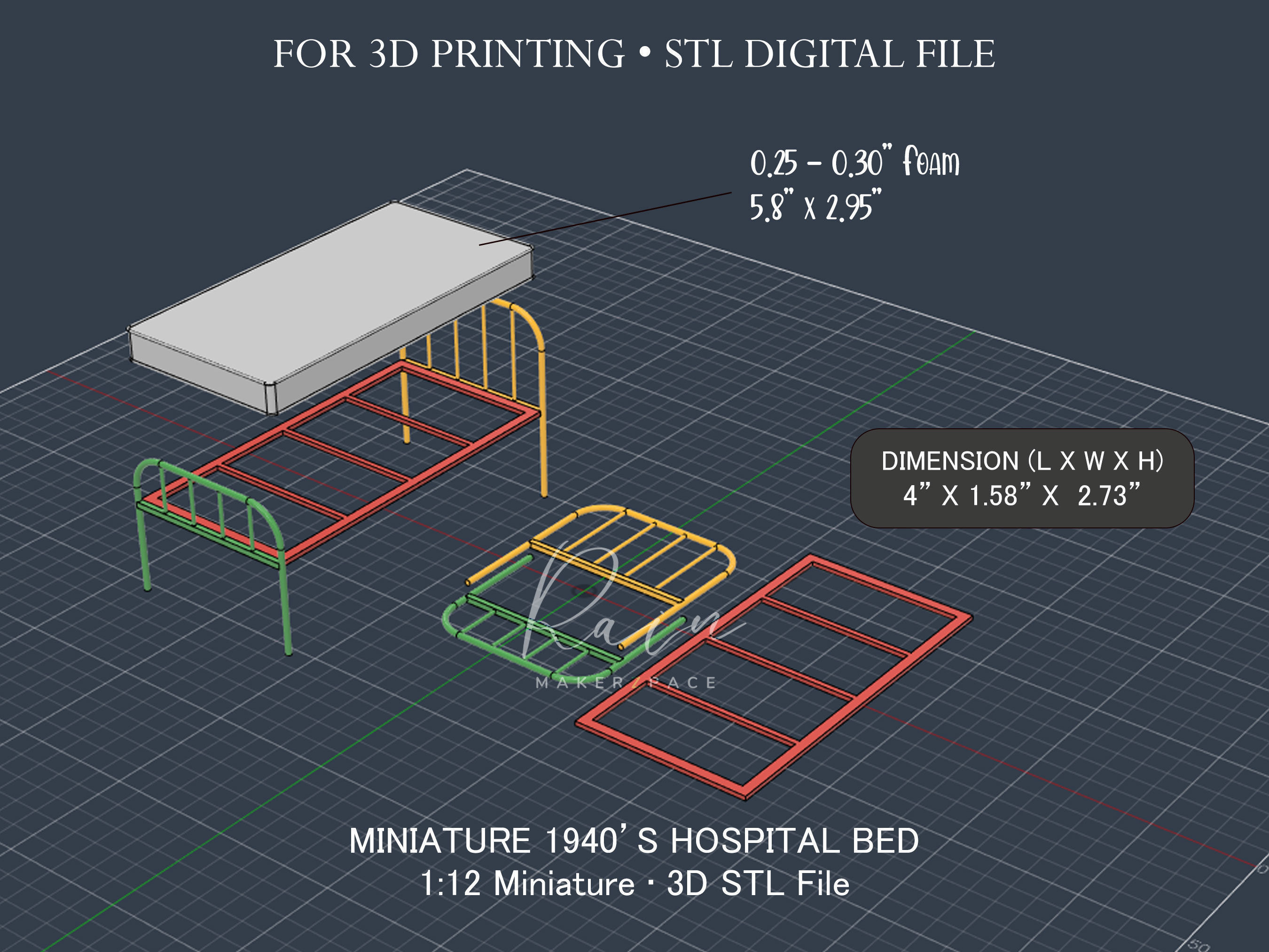 Miniature Retro Vintage Hospital Bed 3D print model_3