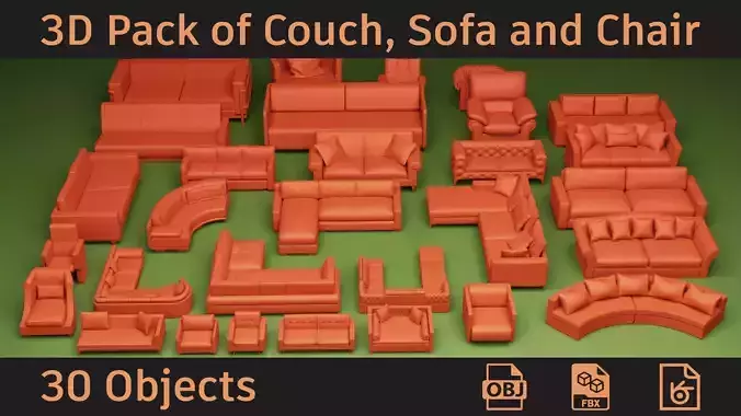 3D Pack of Couch Sofa and Chair