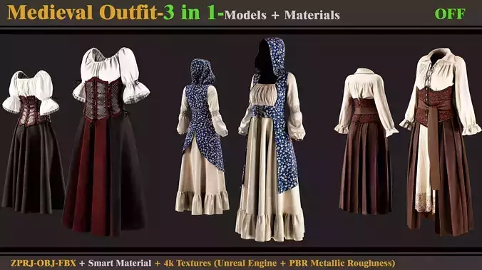 3 in 1 Gothic Dress- MD-Clo3d-OBJ  FBX -Material - Textures