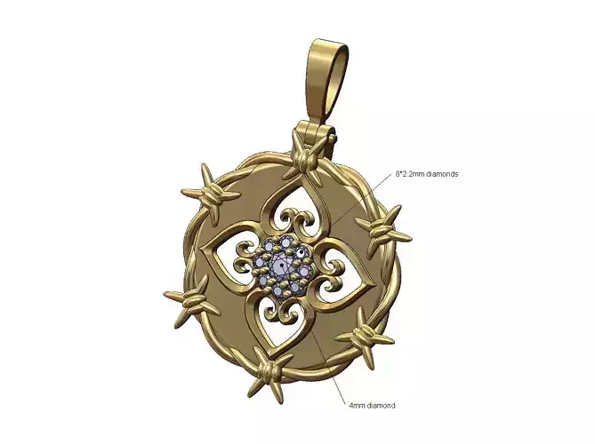 Floral cluster barbwire round pendant with bail