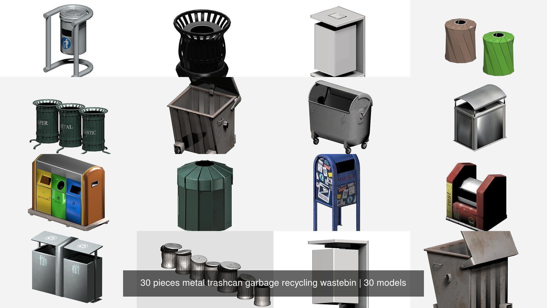 30 pieces metal trashcan garbage recycling wastebin 3D Model Collection_2