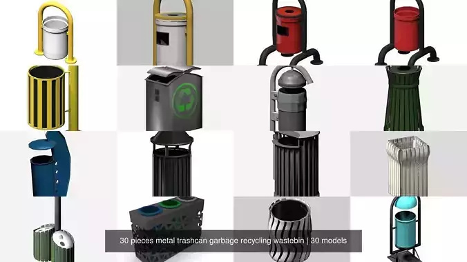 30 pieces metal trashcan garbage recycling wastebin 3D Model Collection