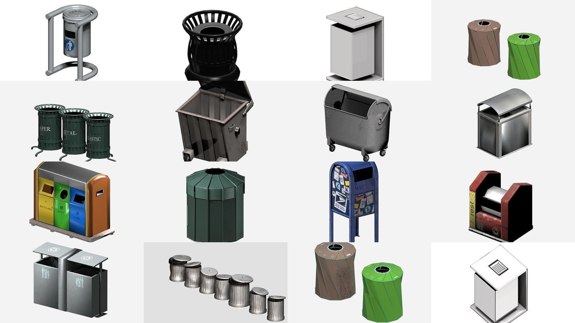30 pieces metal trashcan garbage recycling wastebin 3D Model Collection_1