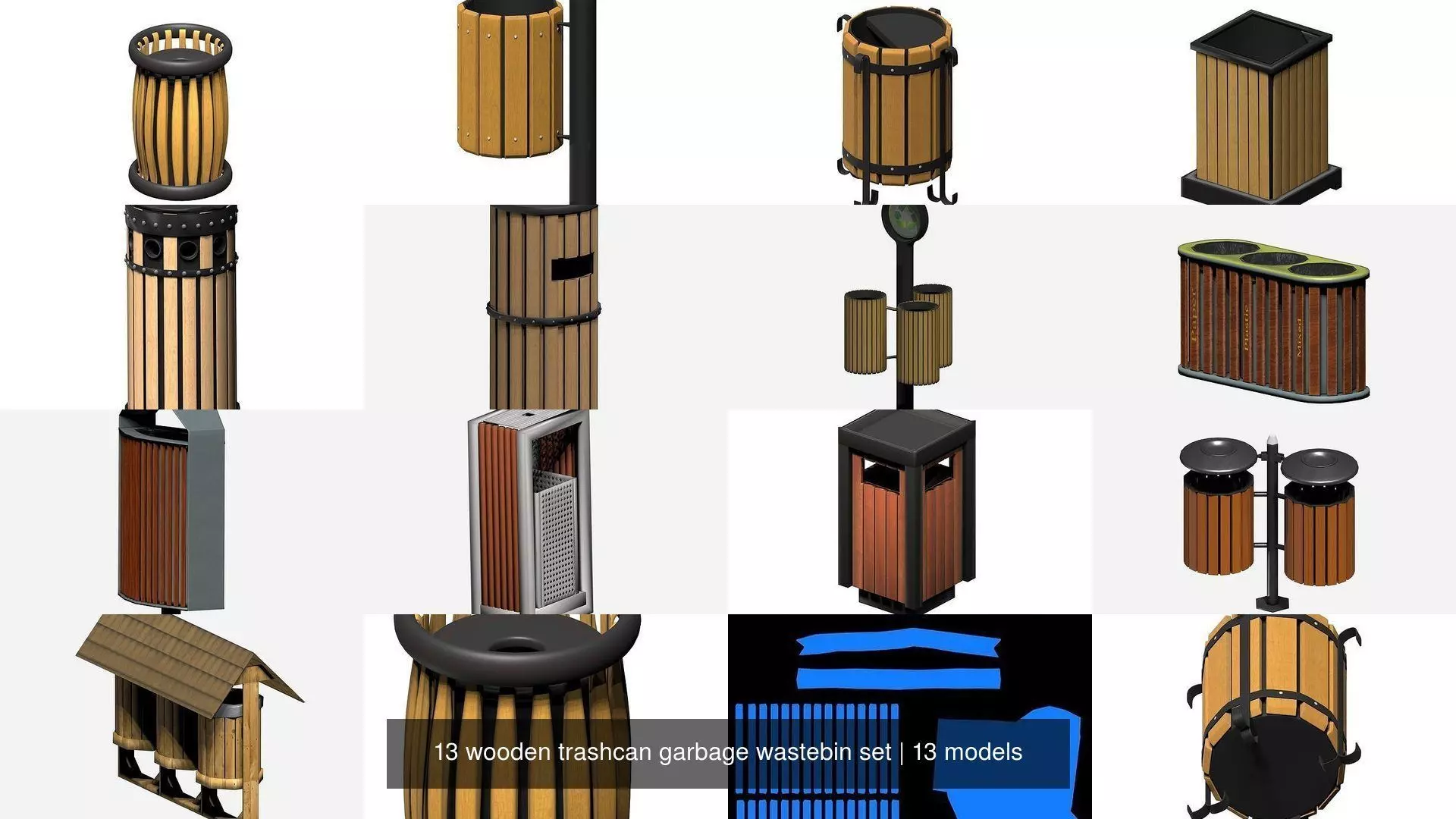 13 pieces wooden trashcan garbage wastebin set 3D Model Collection_0