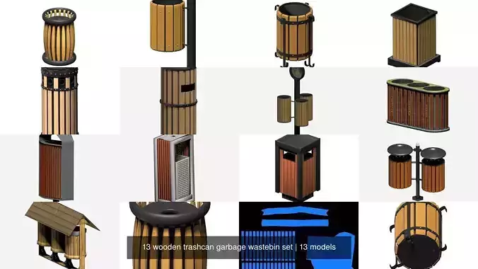 13 pieces wooden trashcan garbage wastebin set 3D Model Collection