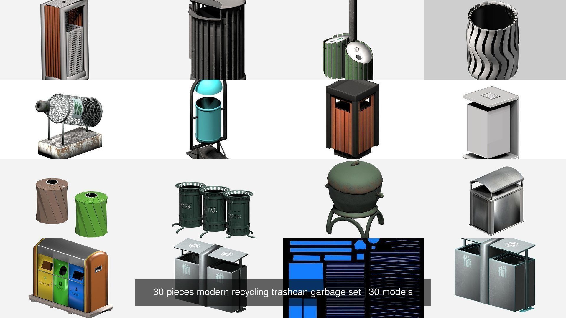 30 pieces modern recycling trashcan garbage set 3D Model Collection_2