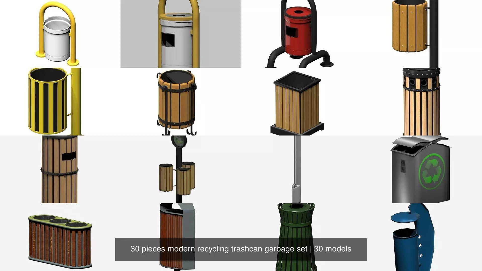 30 pieces modern recycling trashcan garbage set 3D Model Collection_0