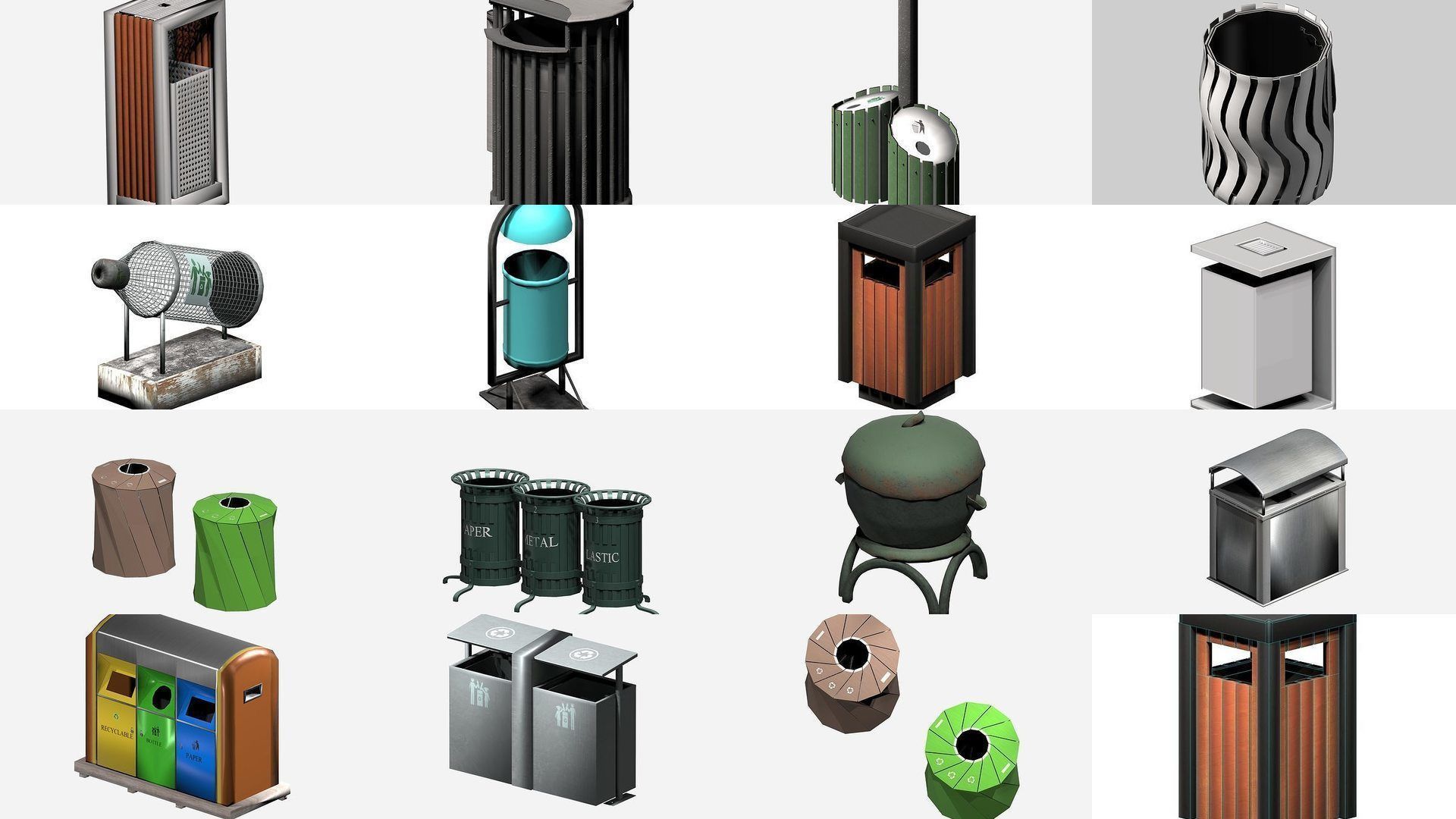30 pieces modern recycling trashcan garbage set 3D Model Collection_1