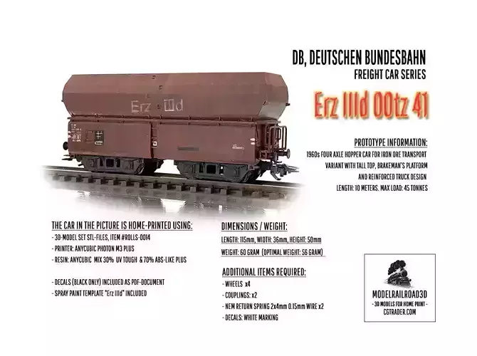 ROLLS-0014 German State Hopper car Erz IIId H0-scale 3D print model