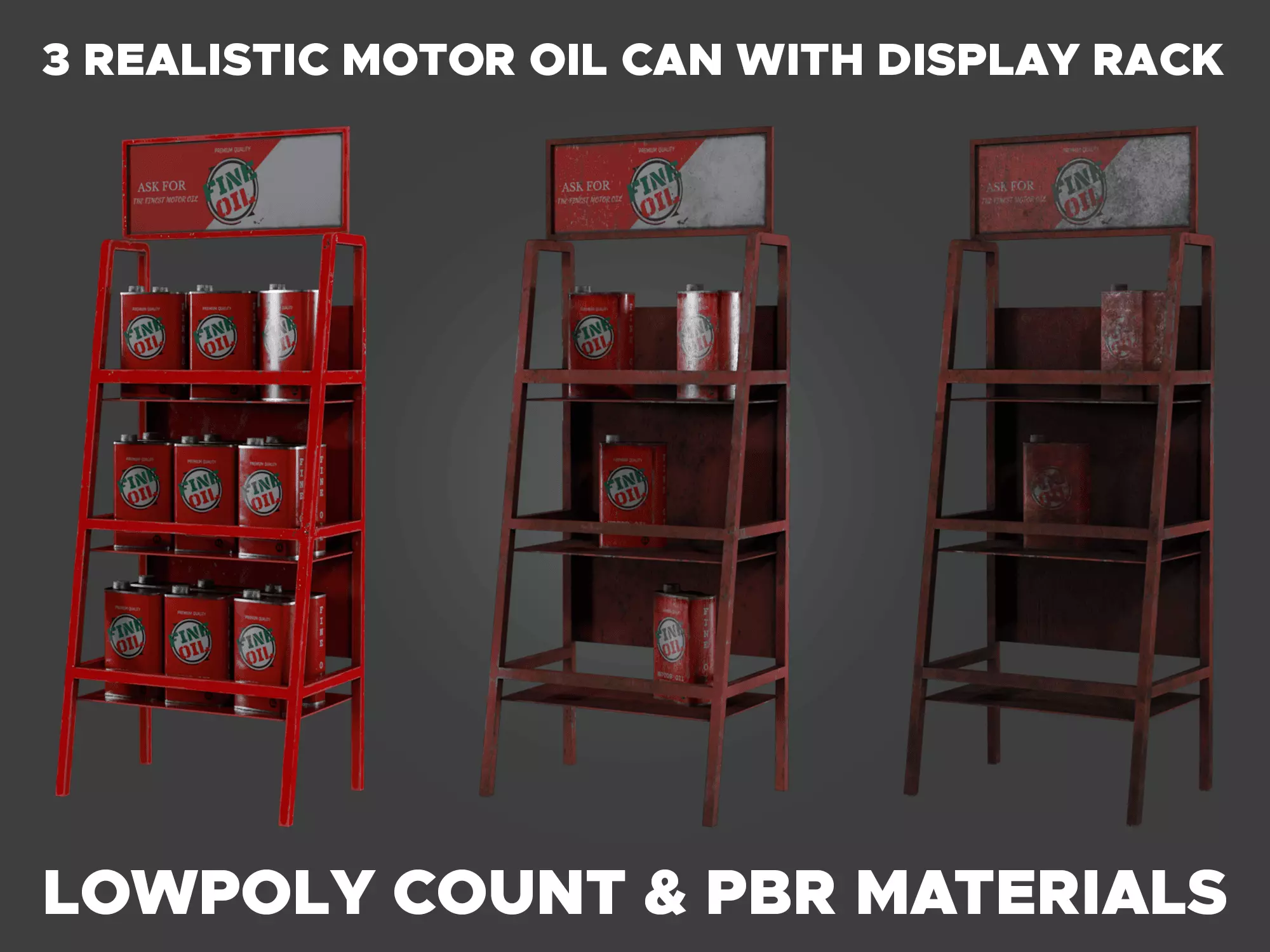 3 Realistic Motor Oil Display Racks with Oil Cans 3D Model Collection_0