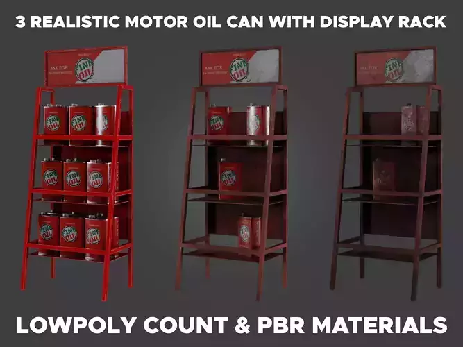 3 Realistic Motor Oil Display Racks with Oil Cans 3D Model Collection 3 Realistic Motor Oil Display Racks with Oil Cans 3D Model Collection