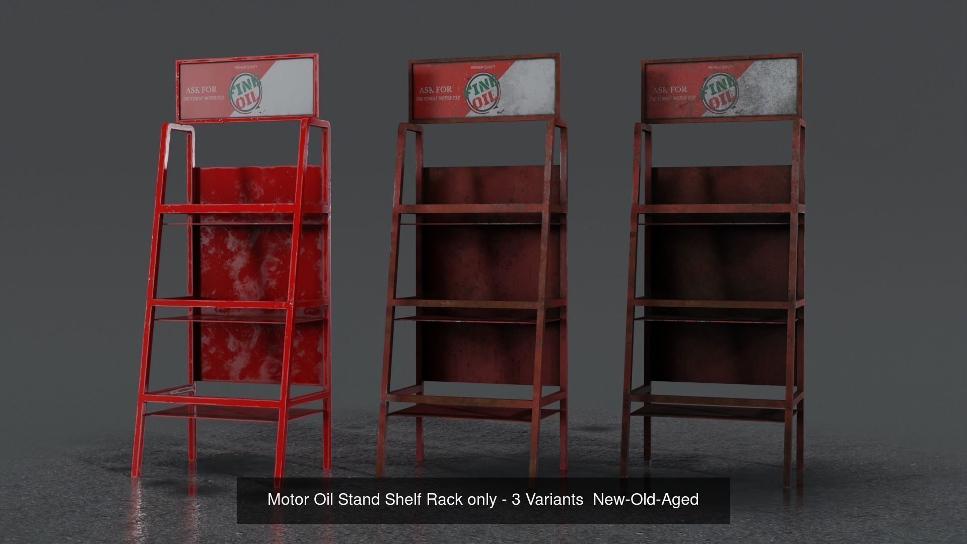 3 Realistic Motor Oil Display Racks with Oil Cans 3D Model Collection_3