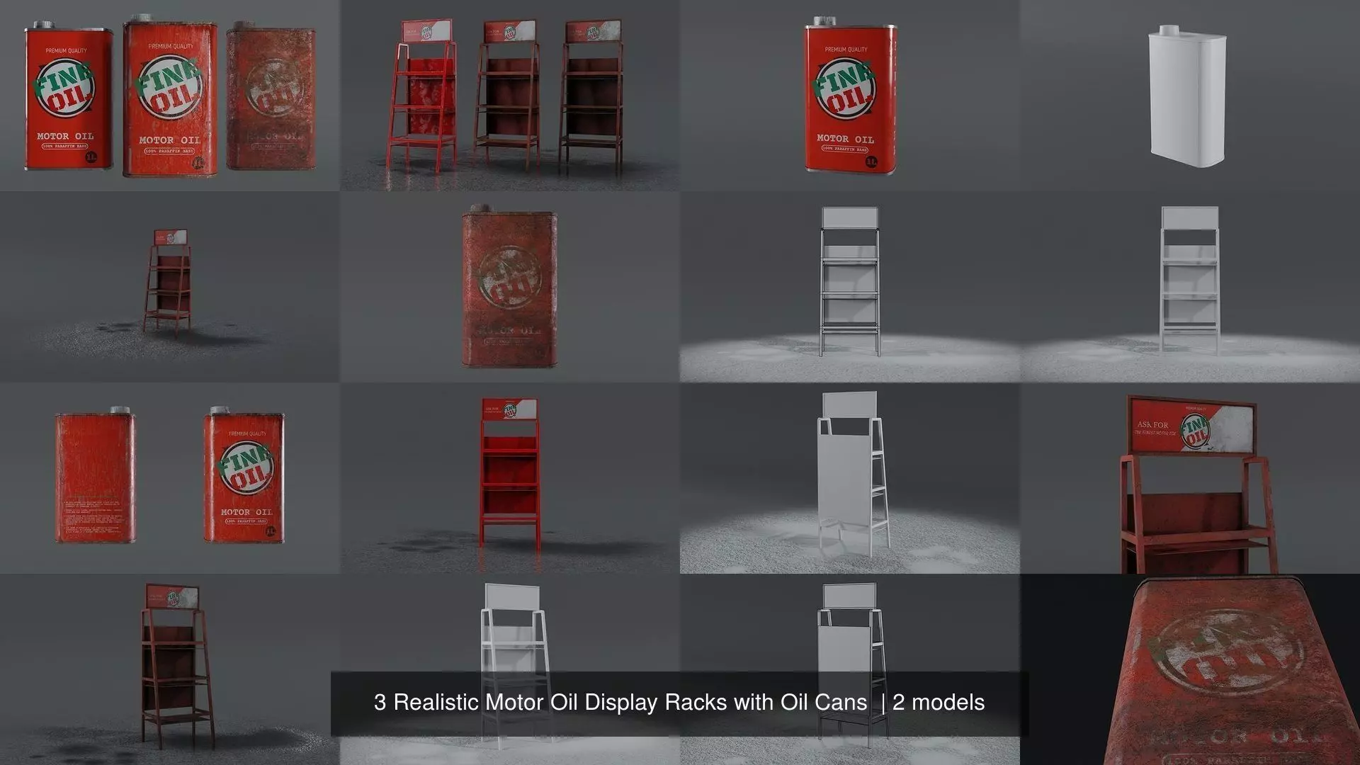 3 Realistic Motor Oil Display Racks with Oil Cans 3D Model Collection_1