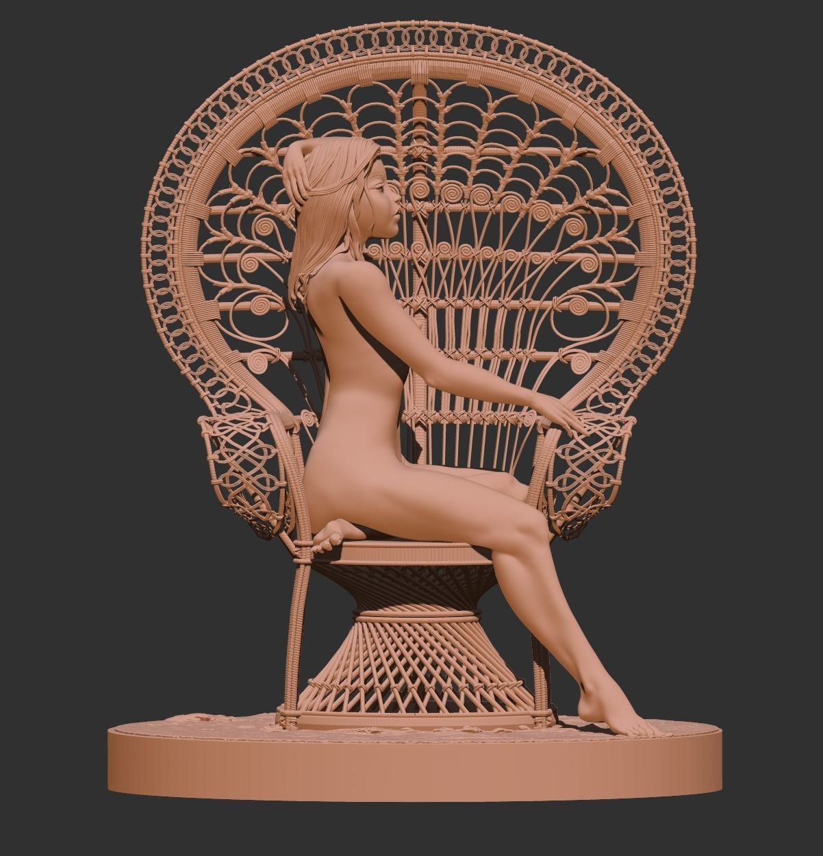 Nude Female seated on a peacock chair 3D print model_6