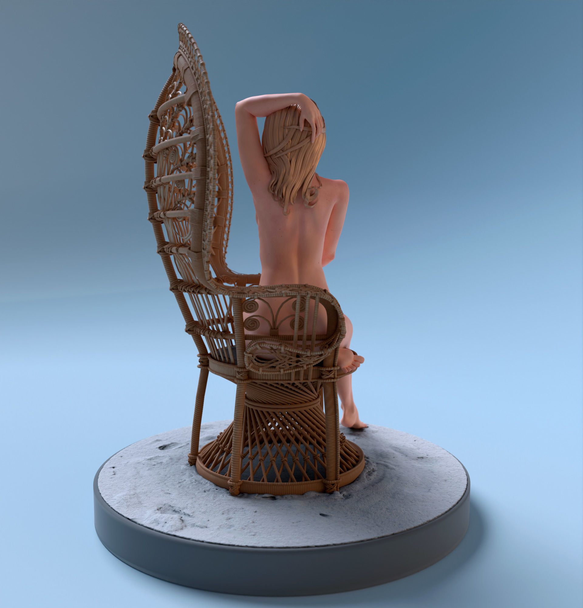 Nude Female seated on a peacock chair 3D print model_2