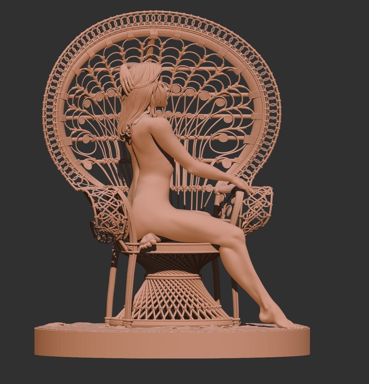 Nude Female seated on a peacock chair 3D print model_5