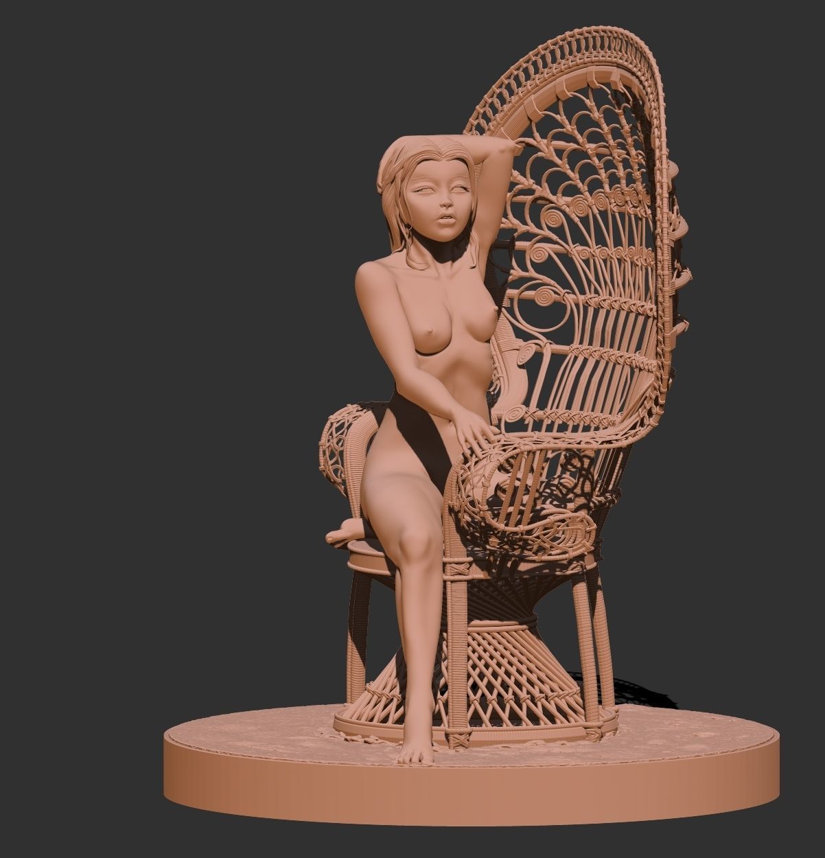 Nude Female seated on a peacock chair 3D print model_7