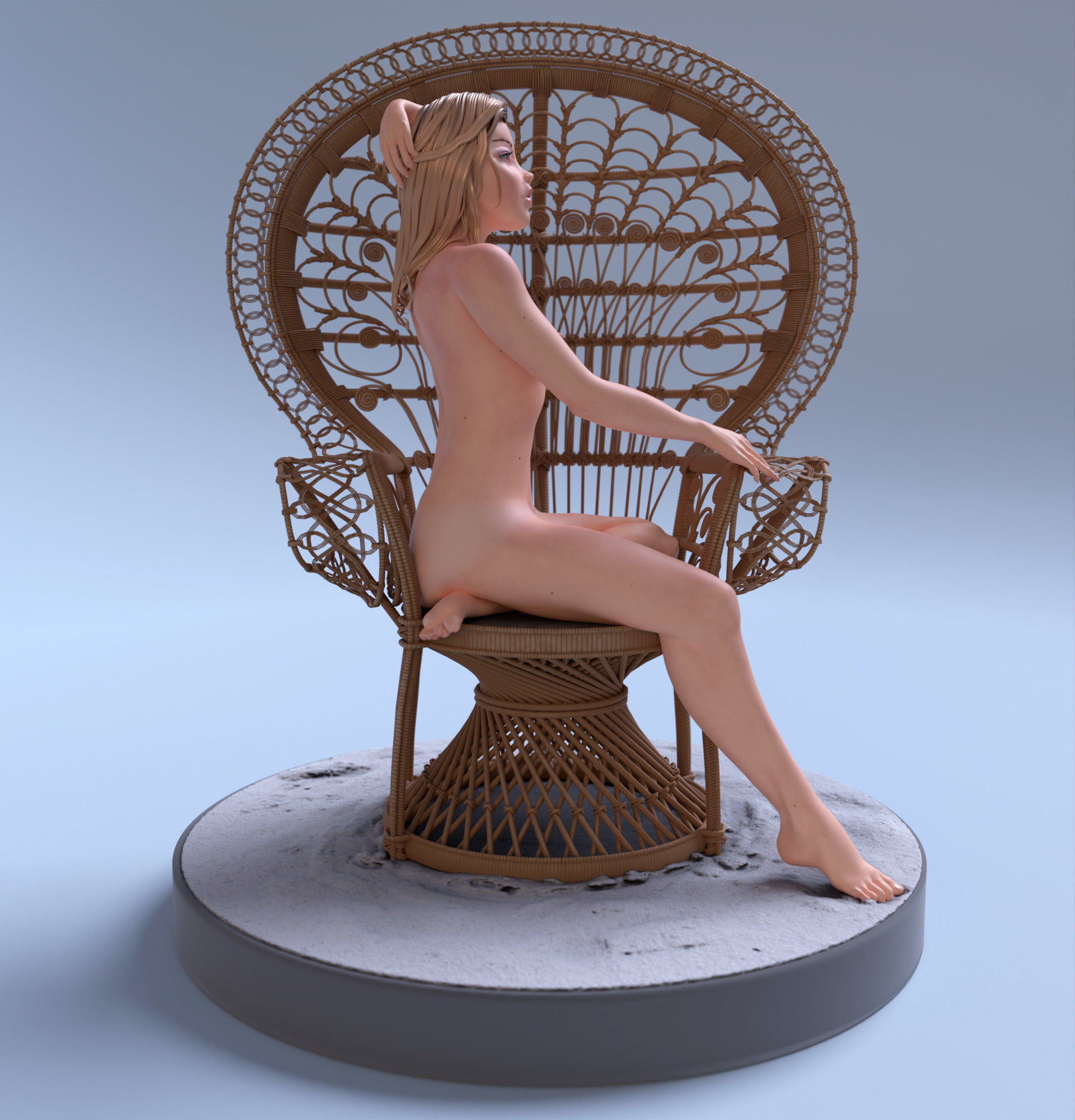 Nude Female seated on a peacock chair 3D print model_1