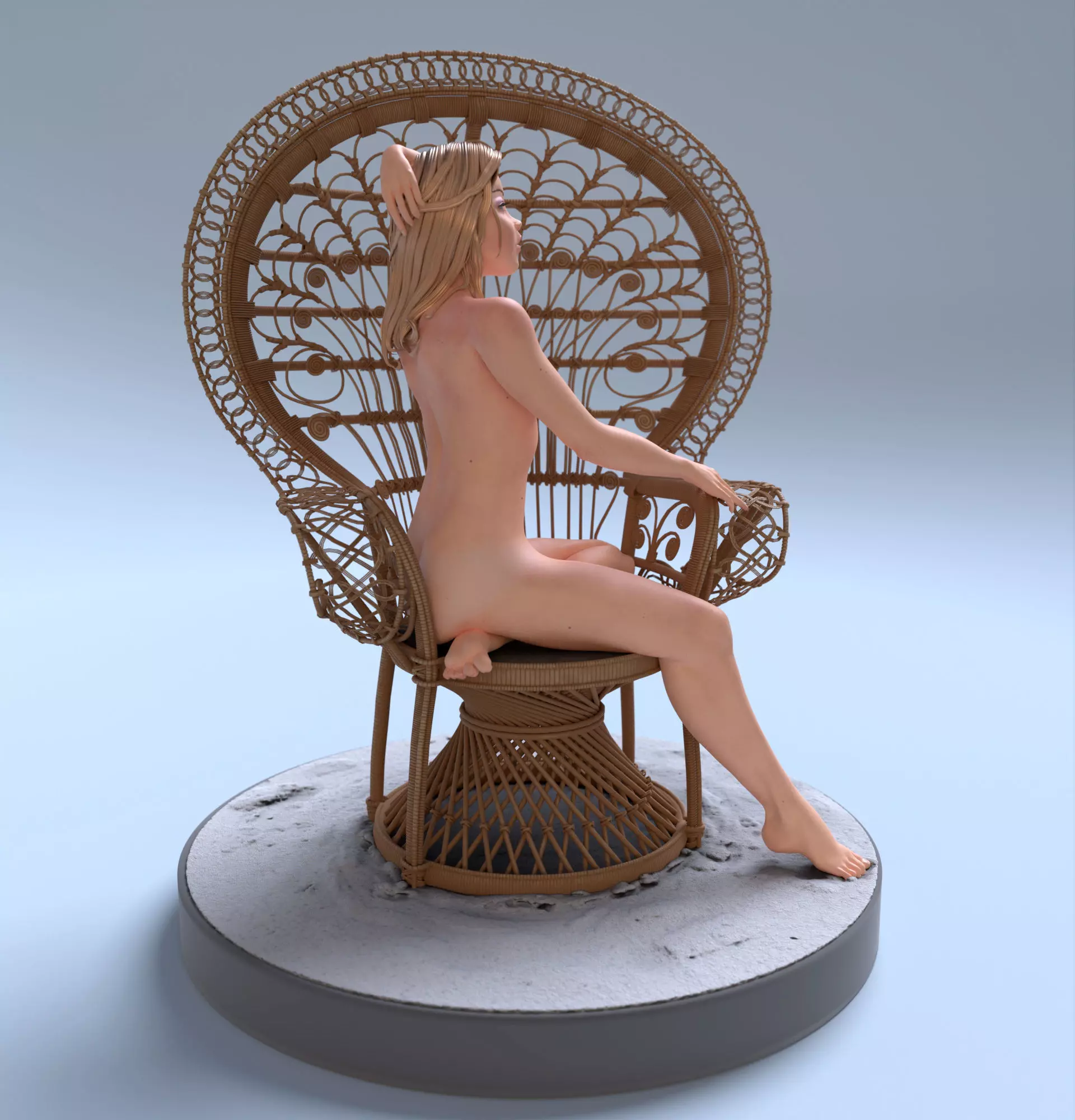 Nude Female seated on a peacock chair 3D print model_0