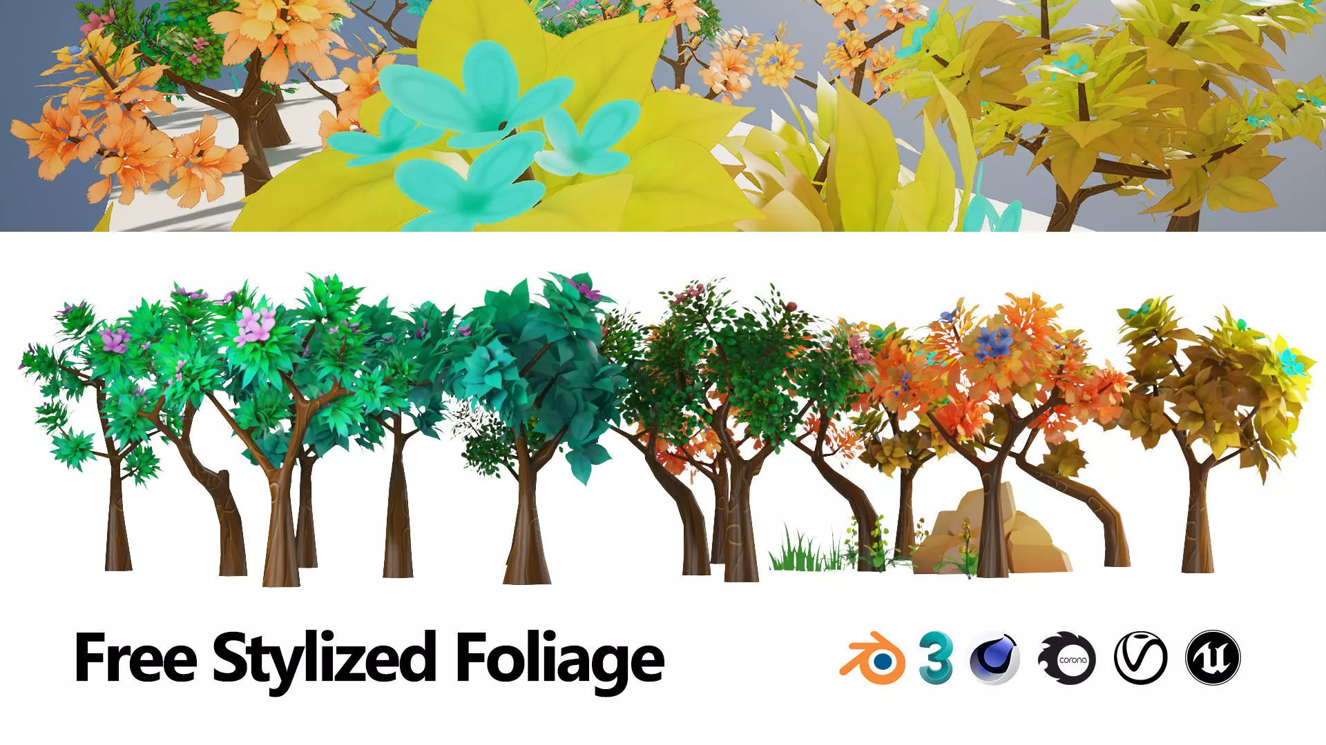 Stylized Trees and Foliage 3D Model Pack Free low-poly 3D model_0