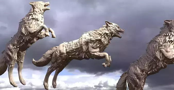 Wolf Statue sculpture jumping