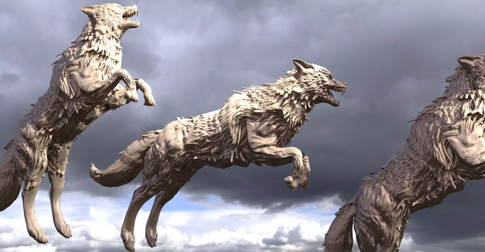 Wolf Statue sculpture jumping 3D model_0
