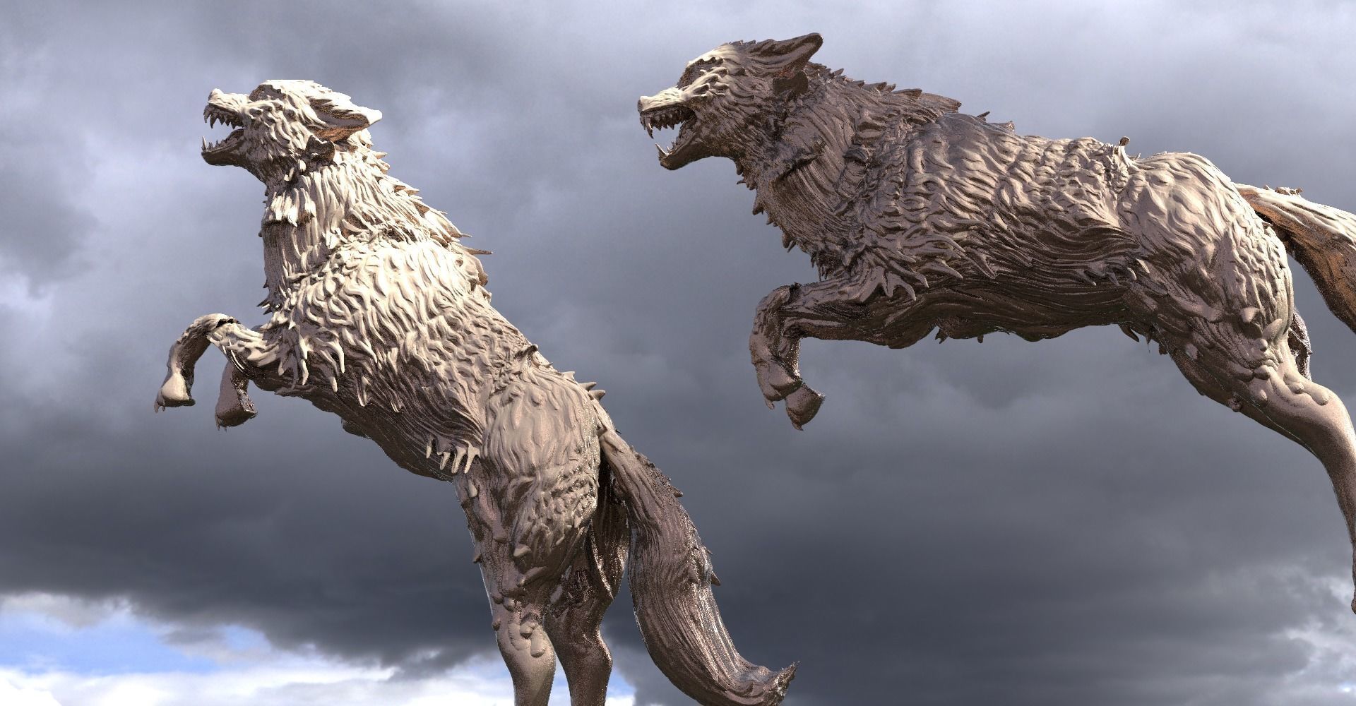 Wolf Statue sculpture jumping 3D model_3