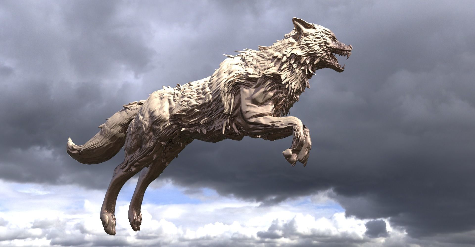 Wolf Statue sculpture jumping 3D model_2