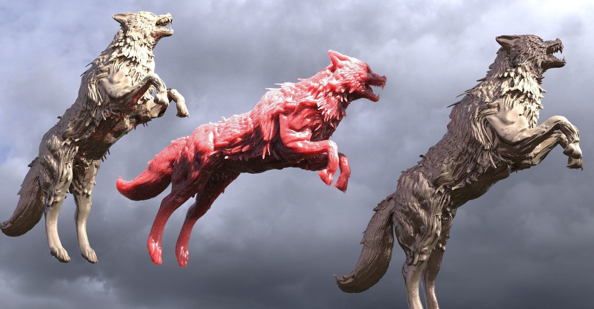 Wolf Statue sculpture jumping 3D model_1