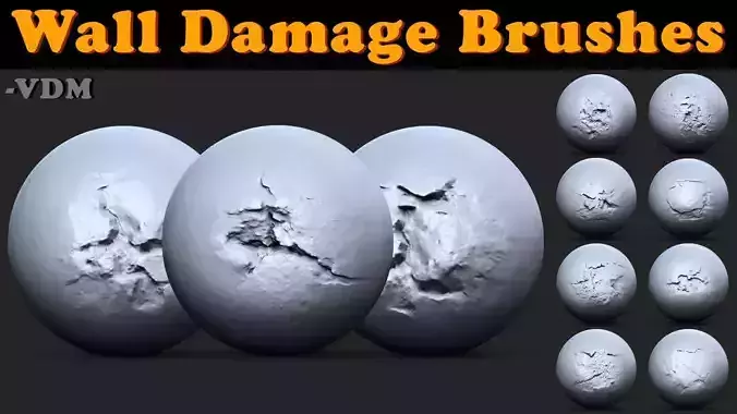 Wall Damage Brushes for Zbrush Low-poly 3D model