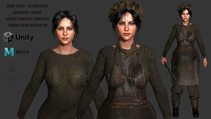 AAA 3D FANTASY MEDIEVAL CHARACTER-YOUNG MEAT BUTCHER GIRL 02 Low-poly 3D model