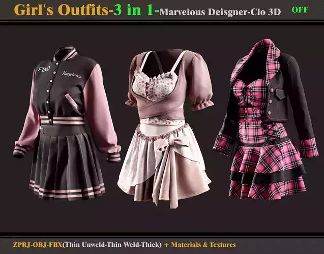 3 in 1 Girl Outfits- MD-Clo3d -OBJ - FBX -Materials-Textures