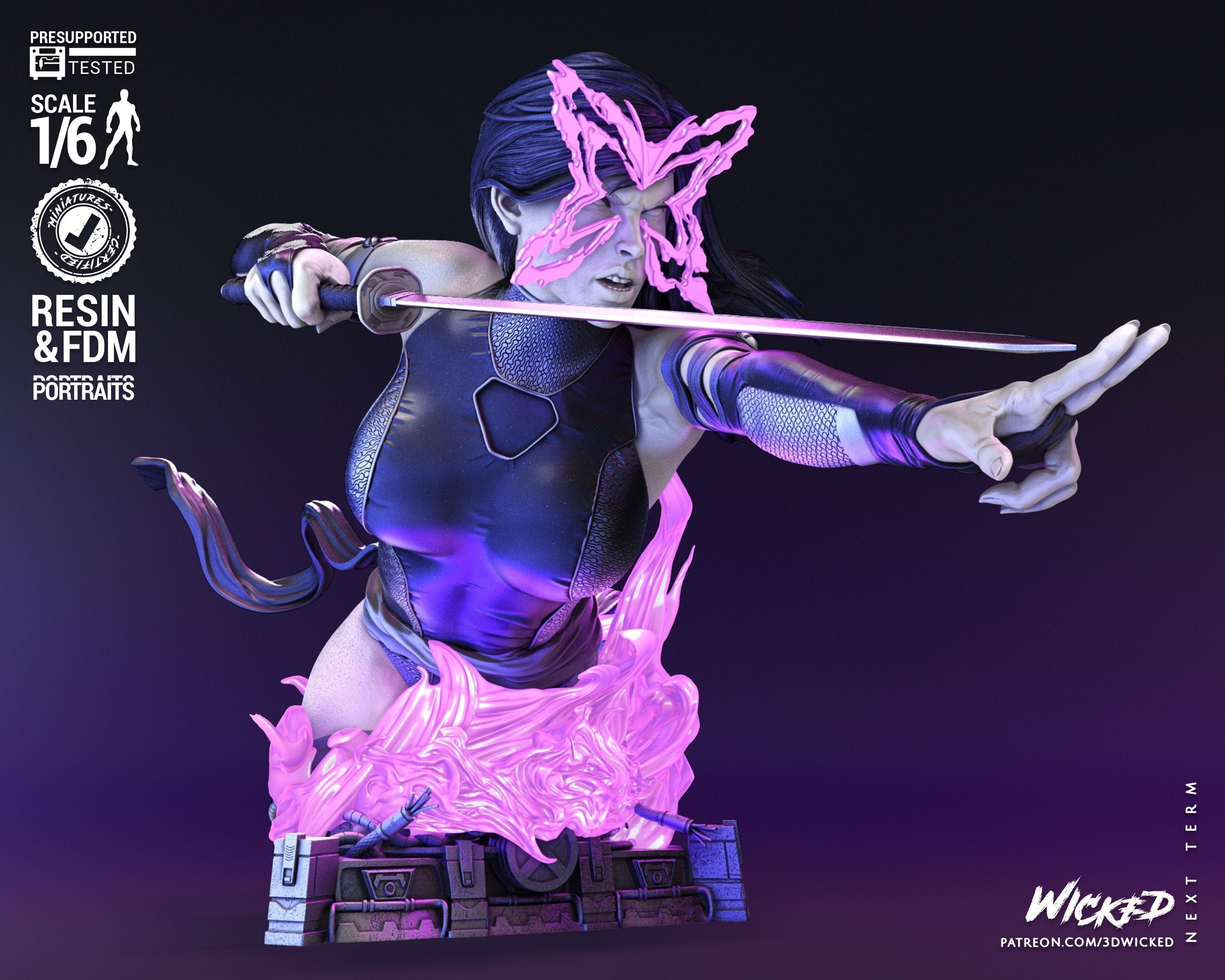 Wicked Marvel Psylocke Bust Tested for 3D printing 3D print model_24