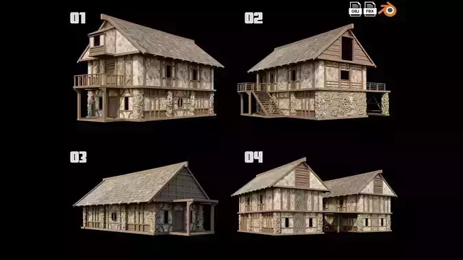 Medieval Houses  1-4  PBR  4K 3D model