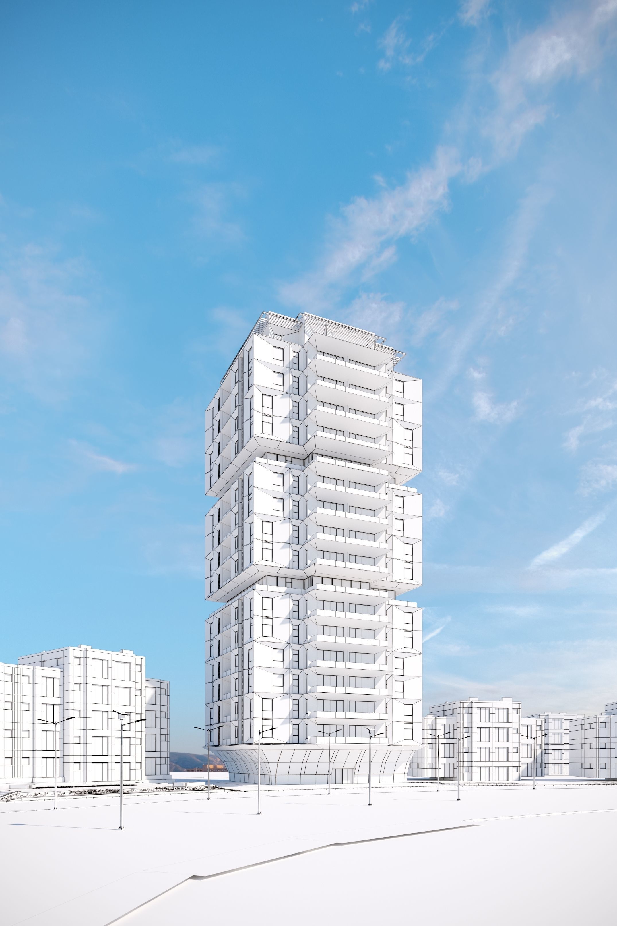 Residential building geometrical facade daytime 3D model_4