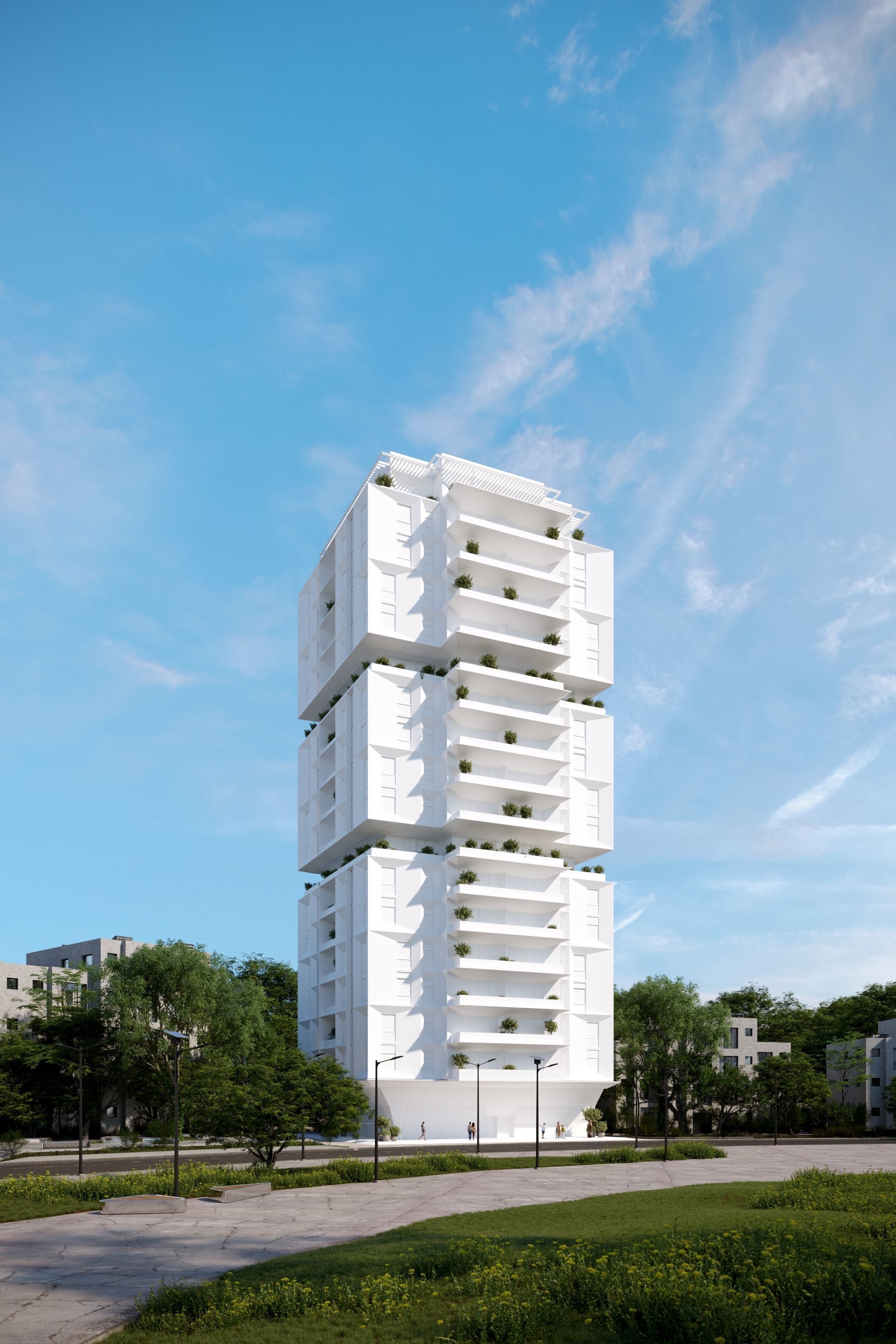 Residential building geometrical facade daytime 3D model_3