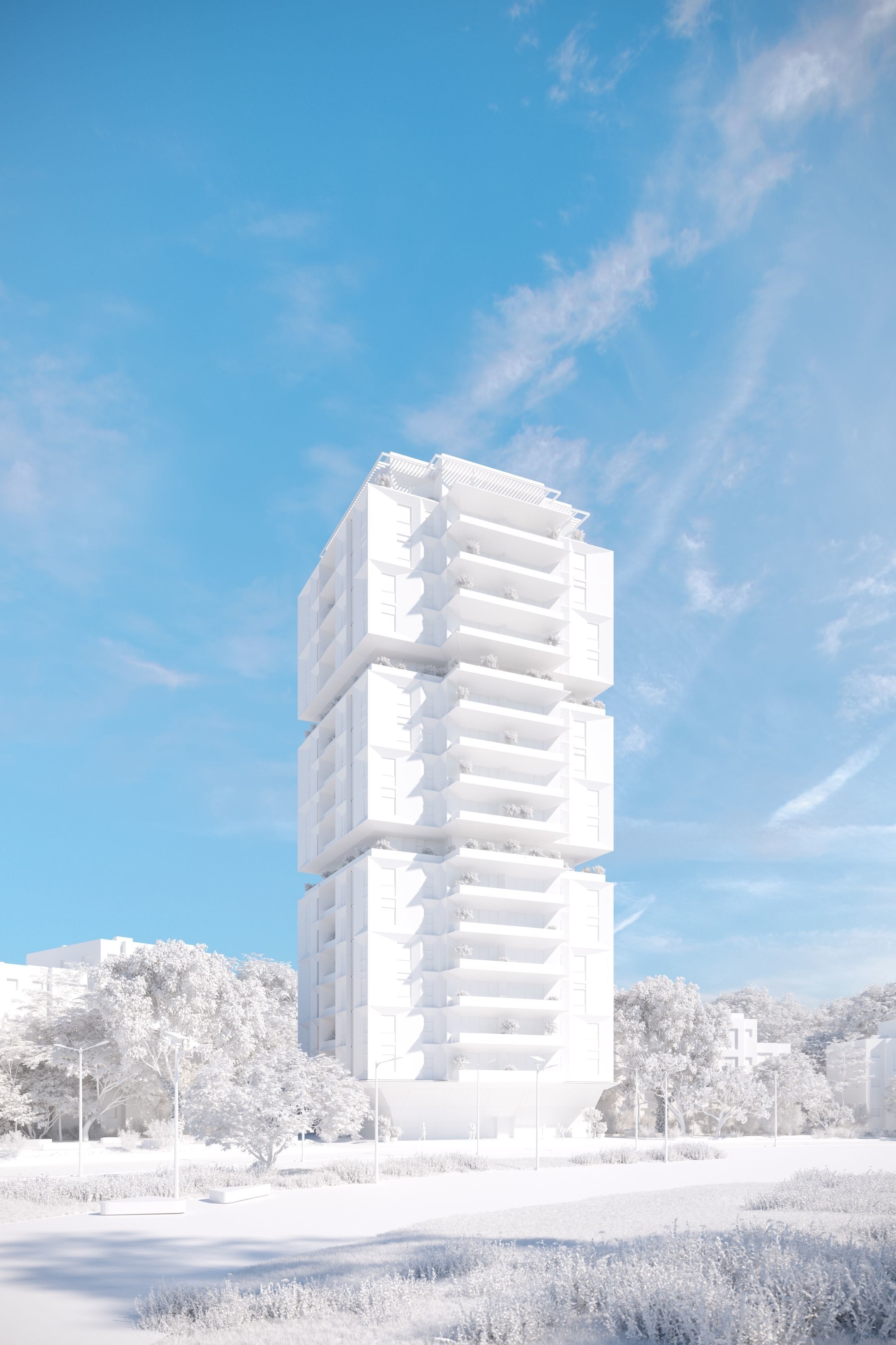 Residential building geometrical facade daytime 3D model_1