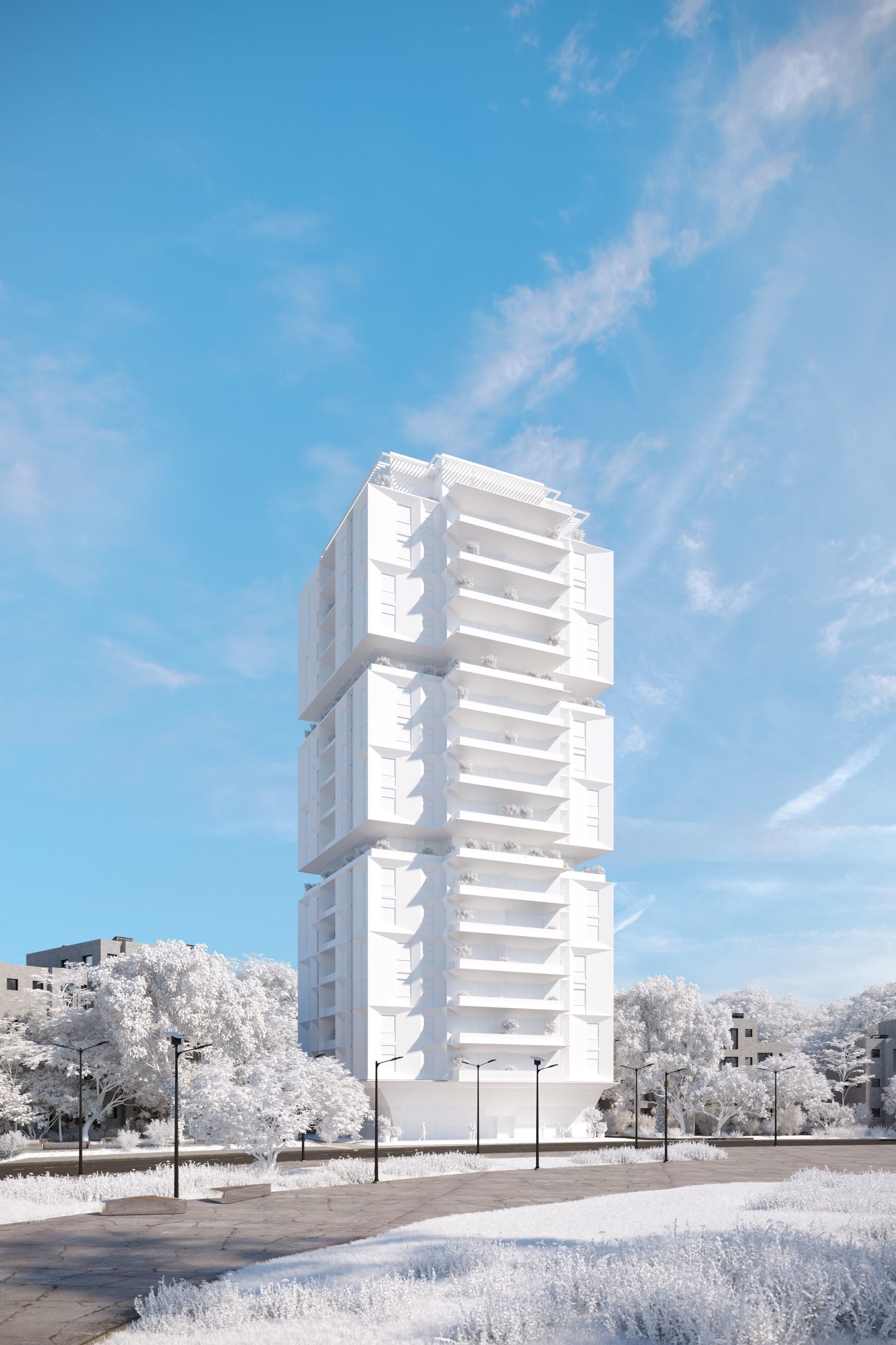 Residential building geometrical facade daytime 3D model_2