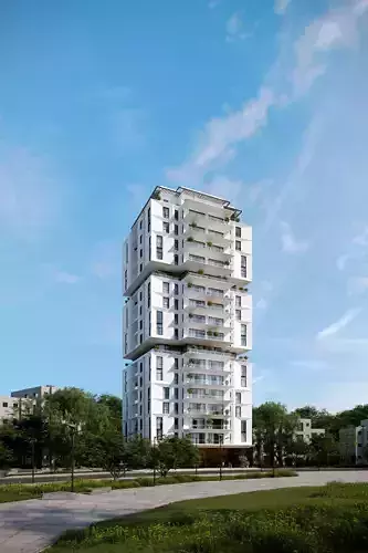 Residential building geometrical facade daytime