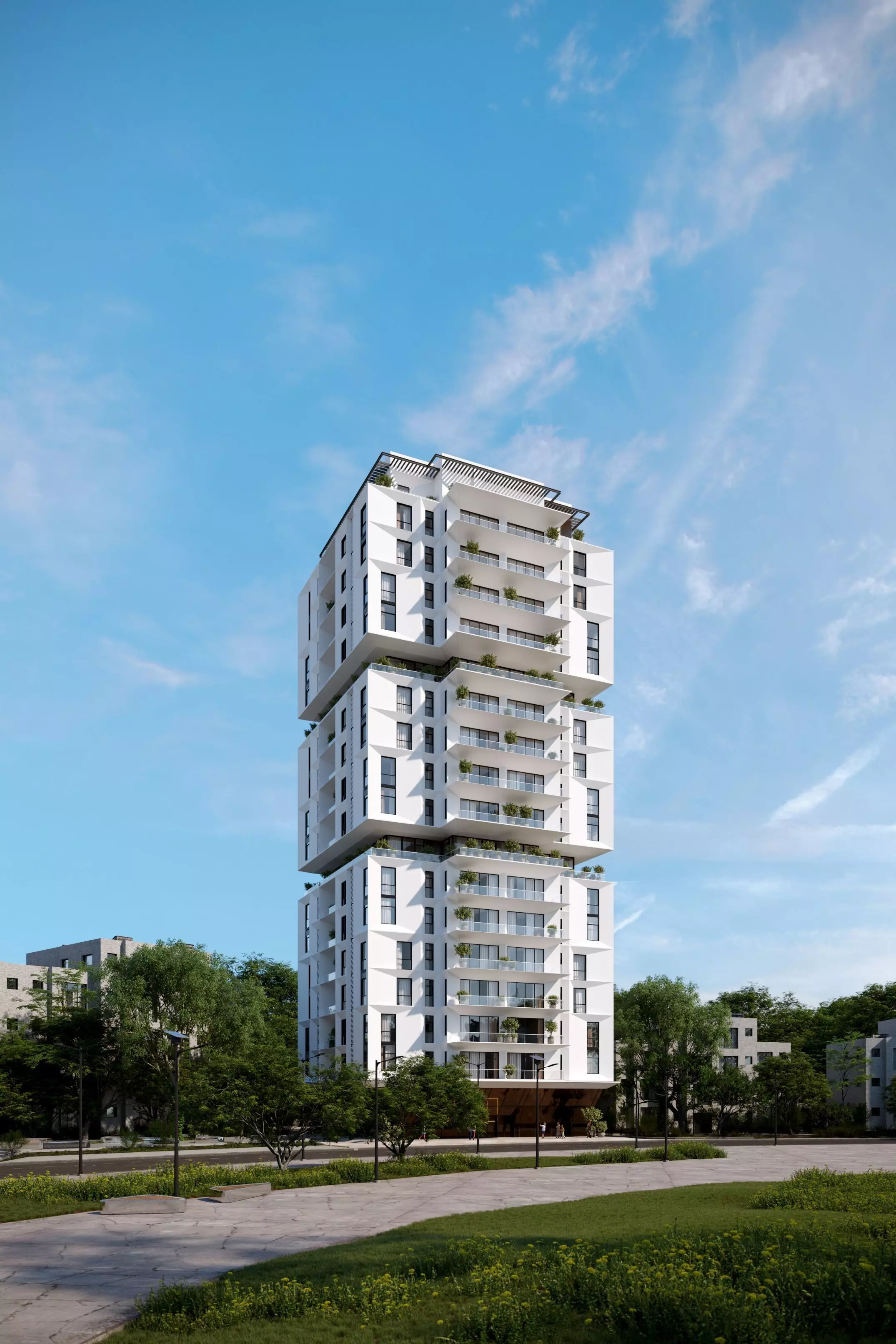 Residential building geometrical facade daytime 3D model_0