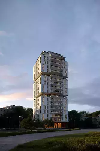 Residential building geometrical facade night time
