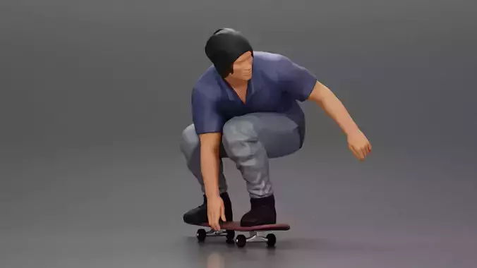 Man in hat riding sitting on skateboard