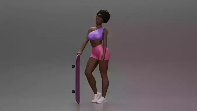 Black girl With Curly Hair Standing With Skateboard