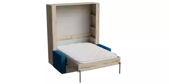 Maple Wood Blue Fabric Sofa Bed Opened