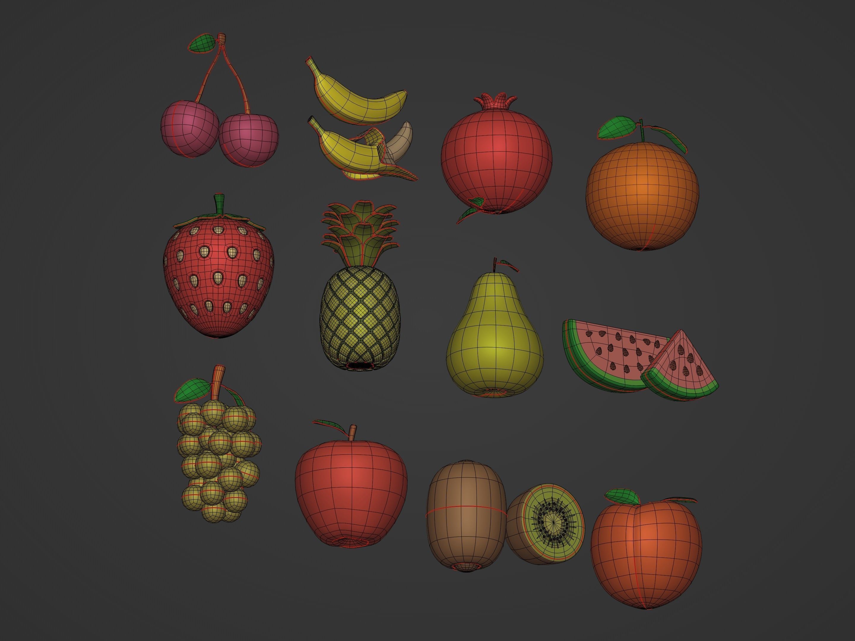 Cartoon Fruit Pack -- Banana Ananas Strawberry Watermelon Kiwi Low-poly 3D model_7
