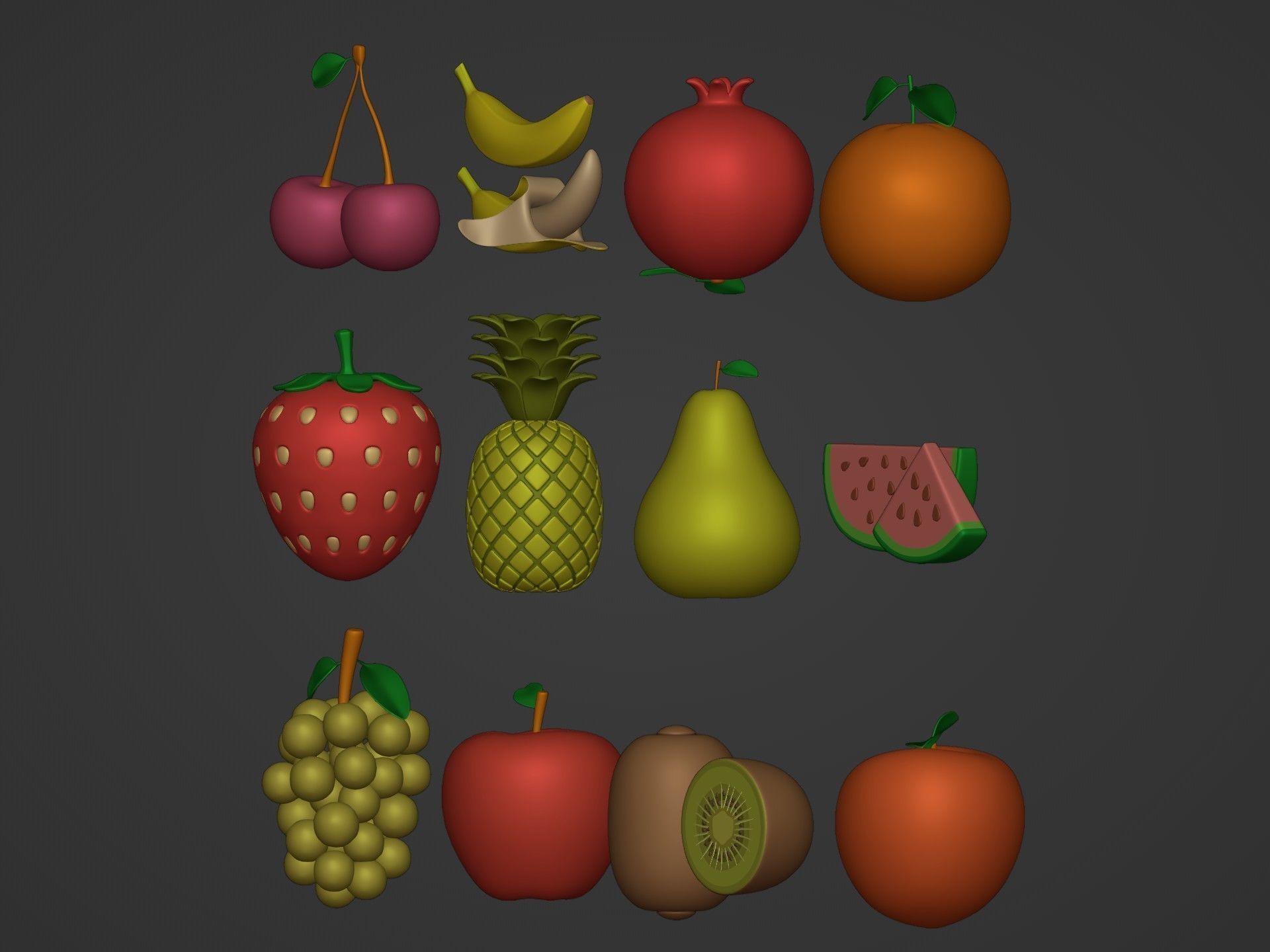 Cartoon Fruit Pack -- Banana Ananas Strawberry Watermelon Kiwi Low-poly 3D model_4