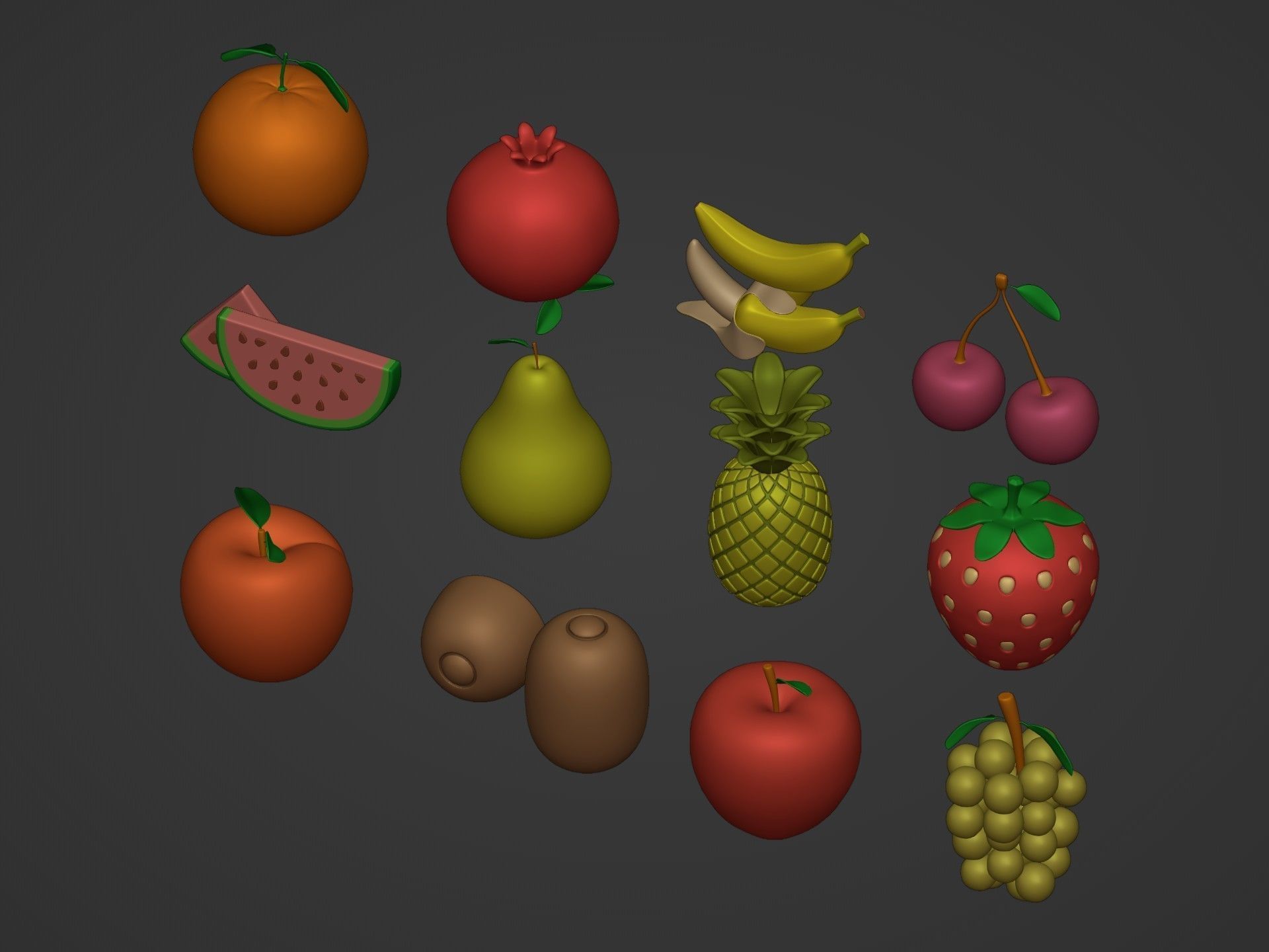 Cartoon Fruit Pack -- Banana Ananas Strawberry Watermelon Kiwi Low-poly 3D model_8