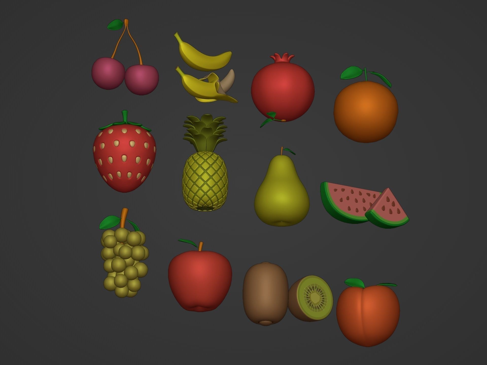 Cartoon Fruit Pack -- Banana Ananas Strawberry Watermelon Kiwi Low-poly 3D model_6