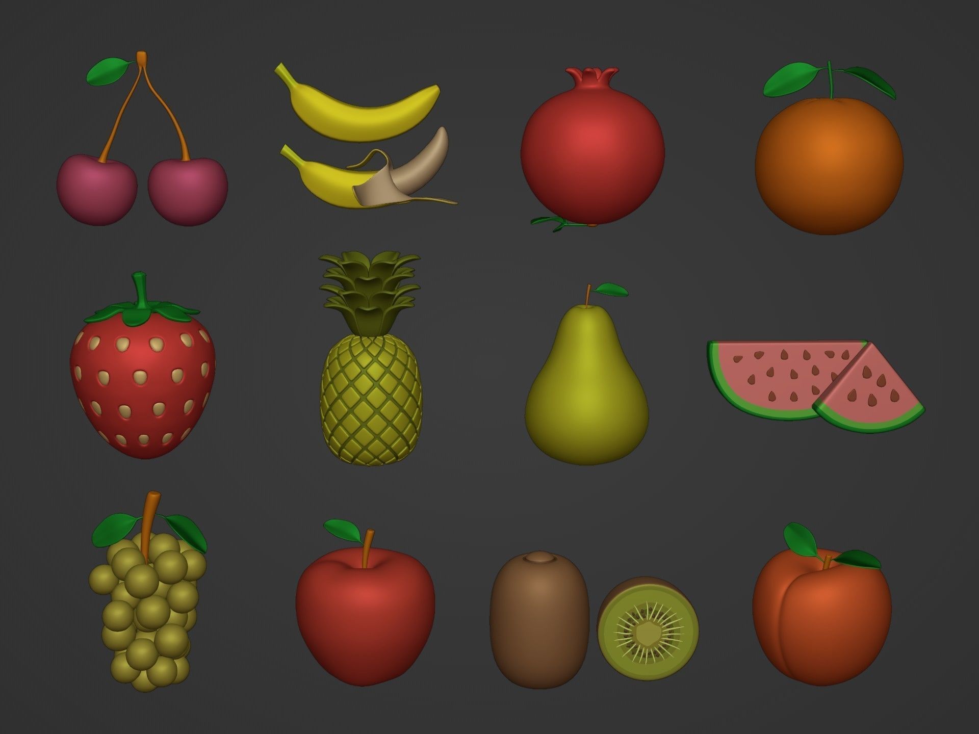 Cartoon Fruit Pack -- Banana Ananas Strawberry Watermelon Kiwi Low-poly 3D model_1