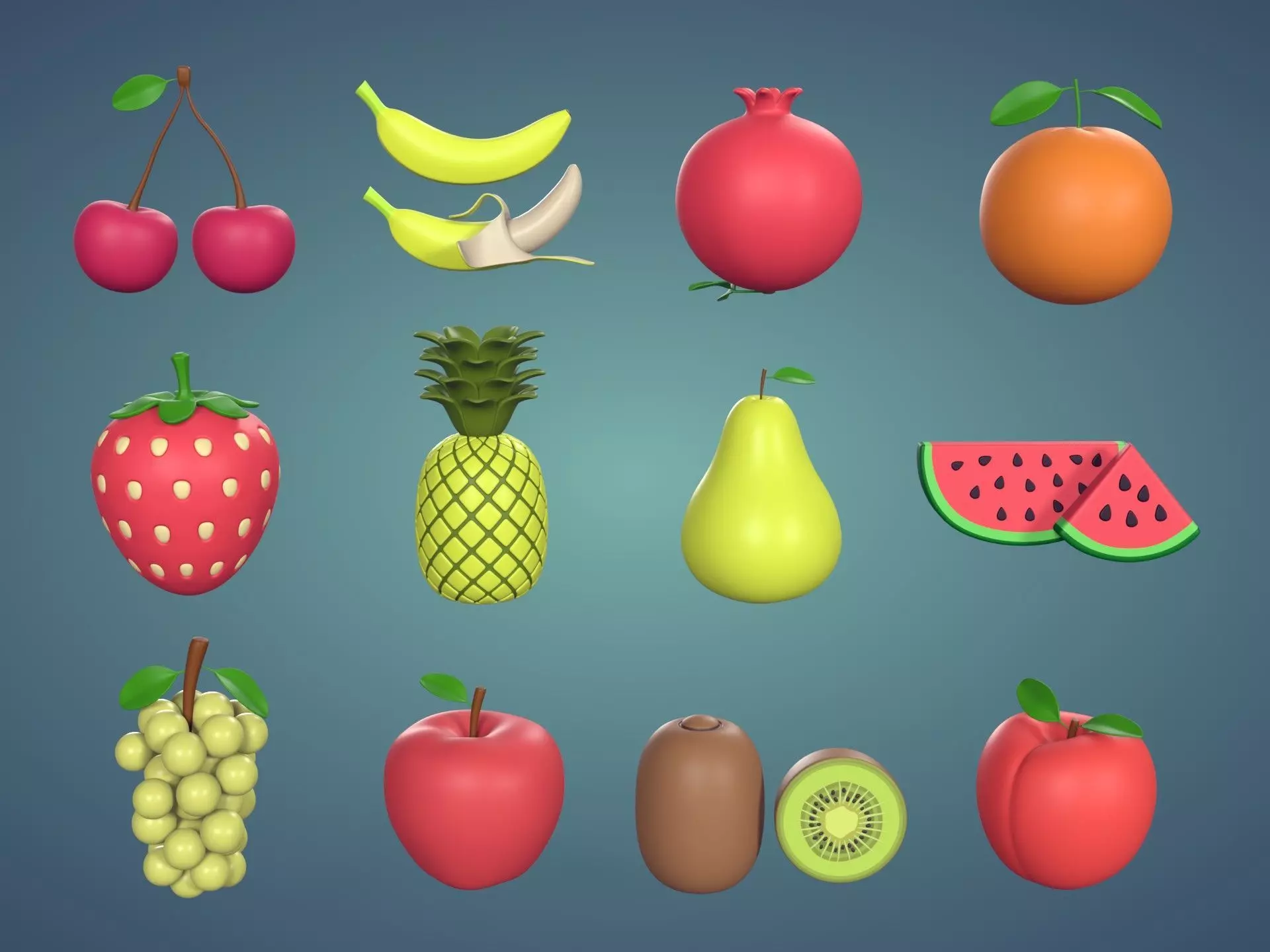 Cartoon Fruit Pack -- Banana Ananas Strawberry Watermelon Kiwi Low-poly 3D model_0